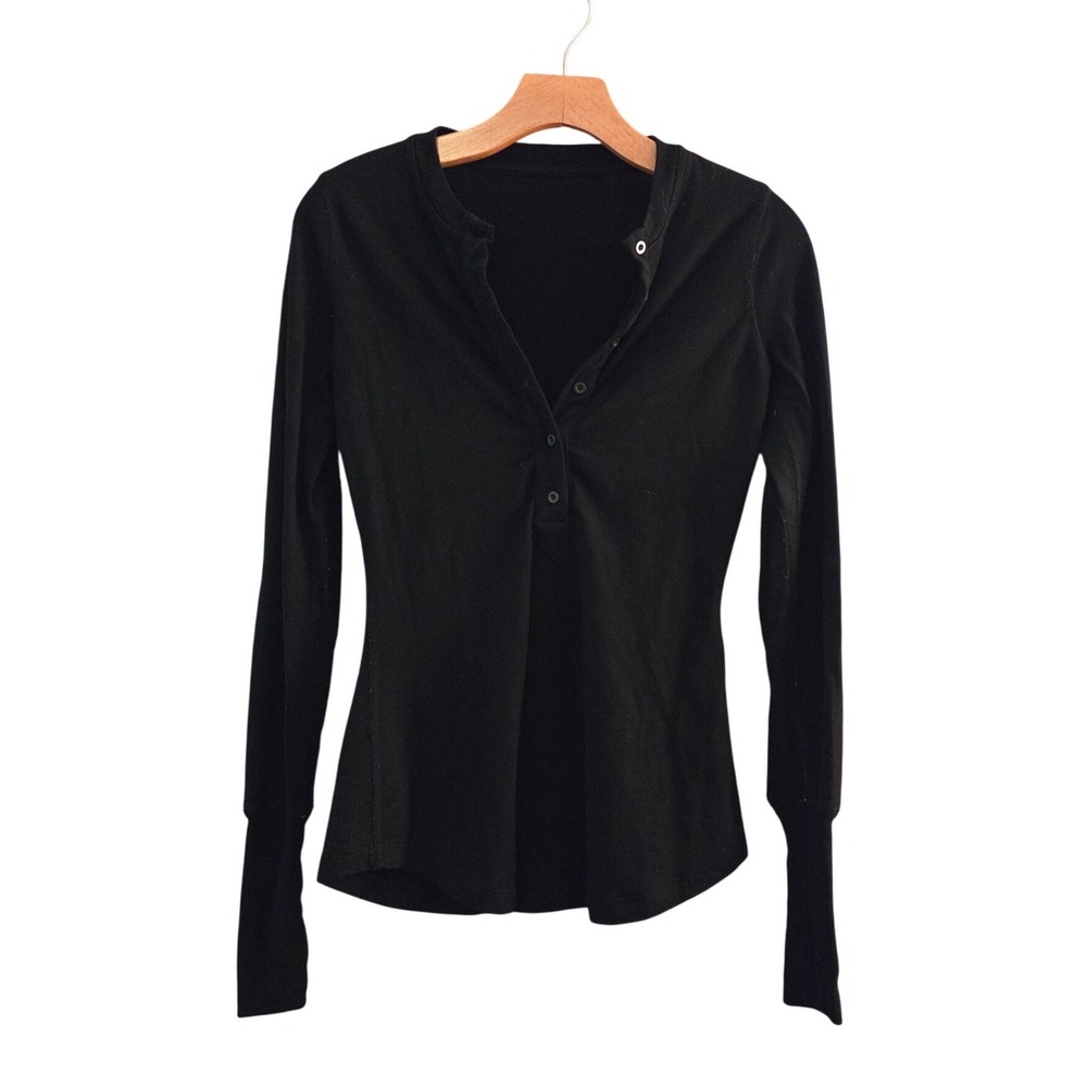 Lululemon Basic Black Long Sleeve Henley Top: Thumbholes, Patch Elbows, Sz 4